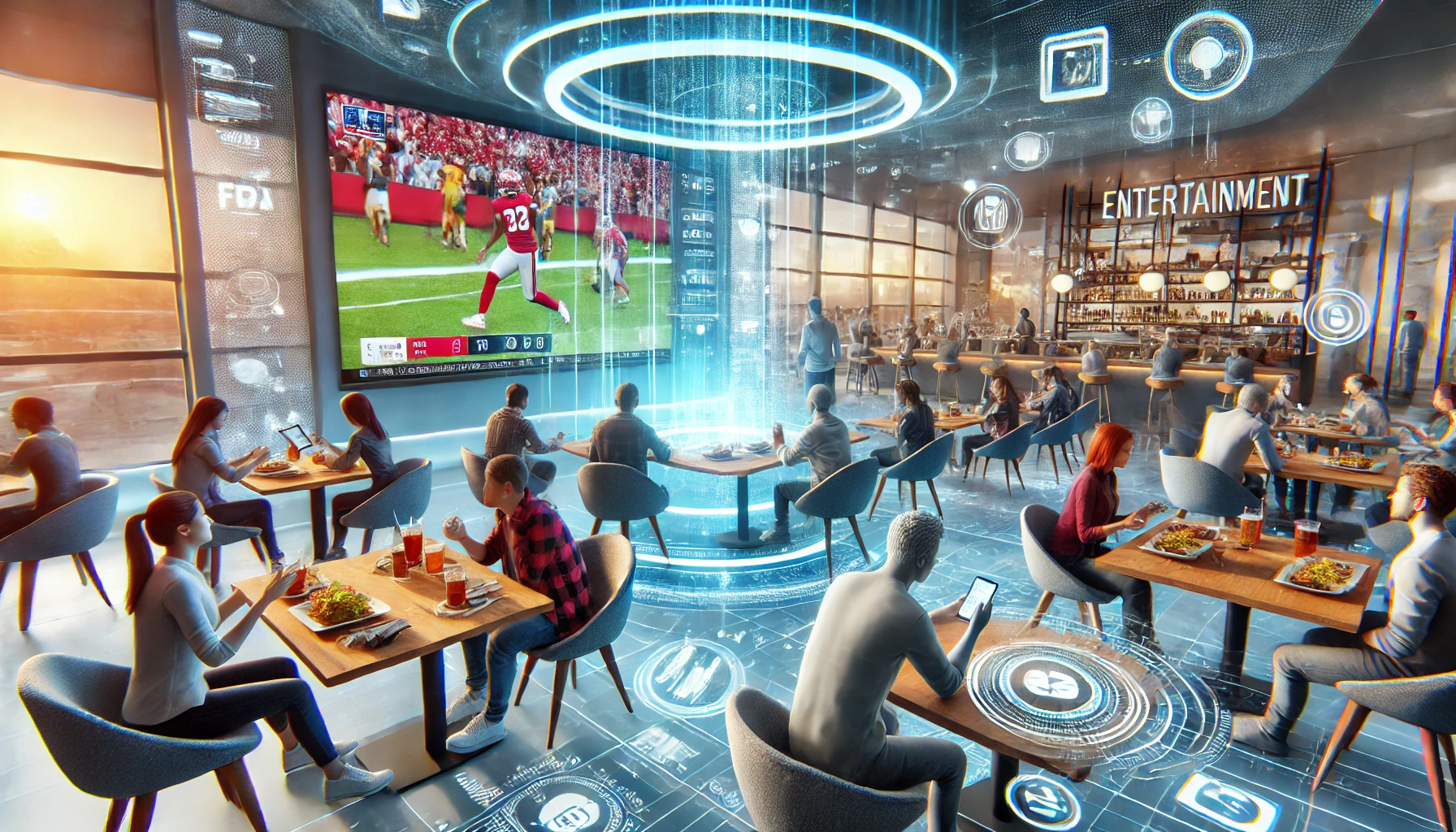 A futuristic restaurant with patrons at tables, advanced technology, holographic menus, immersive screens, and various devices, showcasing personalized entertainment enhancing the customer experience.