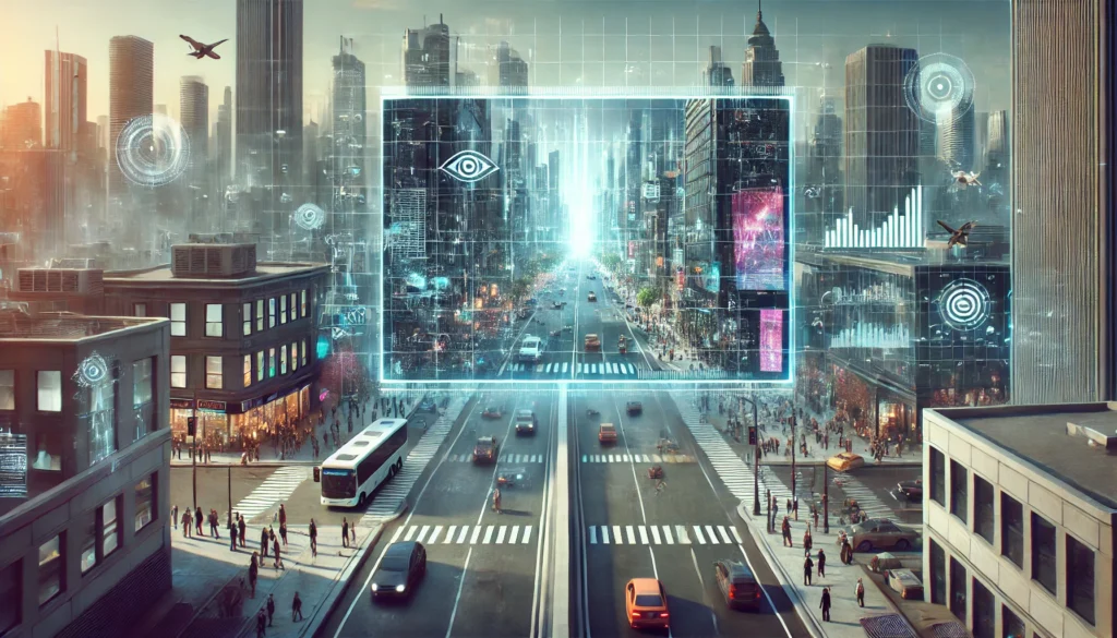A futuristic cityscape with a large transparent screen showing a bustling city street. The screen is split, with AI analysis on one side and normal video feed on the other.