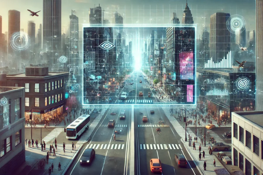 A futuristic cityscape with a large transparent screen showing a bustling city street. The screen is split, with AI analysis on one side and normal video feed on the other.