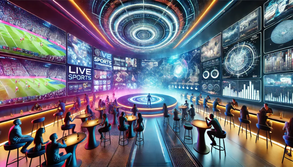 A futuristic bar or lounge with an electric atmosphere, featuring large screens displaying live sports and music, high-tech gadgets, stylish furniture, and dynamic lighting.