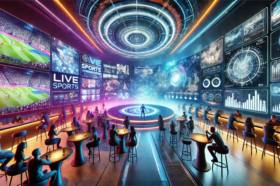 A futuristic bar or lounge with an electric atmosphere, featuring large screens displaying live sports and music, high-tech gadgets, stylish furniture, and dynamic lighting.