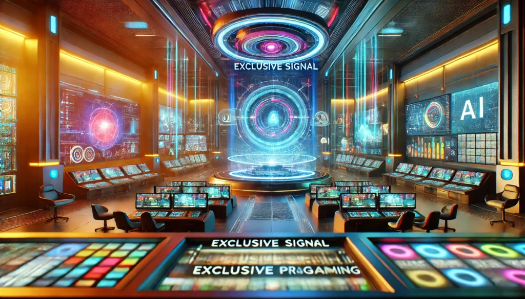 A futuristic high-tech entertainment control room with vibrant colors, advanced technology, and AI elements. Multiple screens display exclusive programming and data analytics.