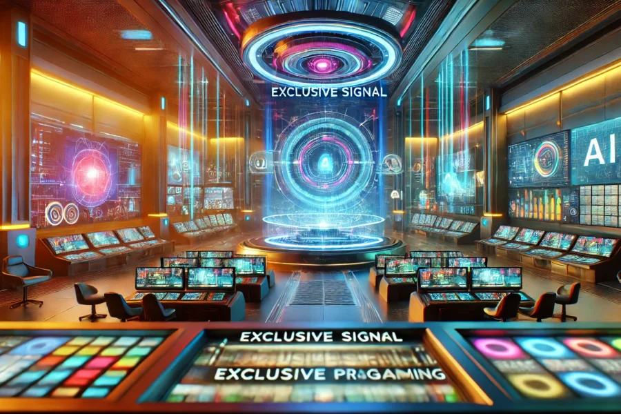 A futuristic high-tech entertainment control room with vibrant colors, advanced technology, and AI elements. Multiple screens display exclusive programming and data analytics.