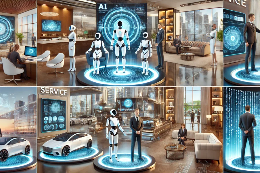 Futuristic service environments with AI robots and holographic displays in a luxury hotel, car dealership, gaming lounge, and private office, enhancing customer experience.