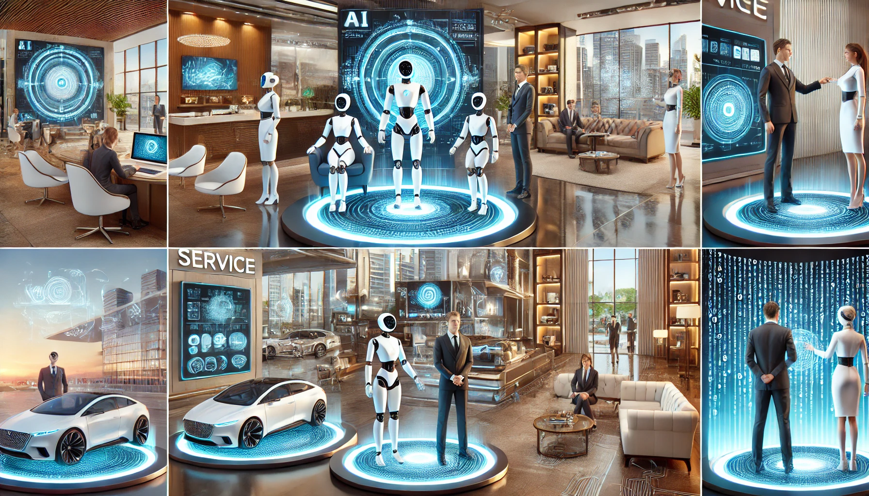 Futuristic service environments with AI robots and holographic displays in a luxury hotel, car dealership, gaming lounge, and private office, enhancing customer experience.