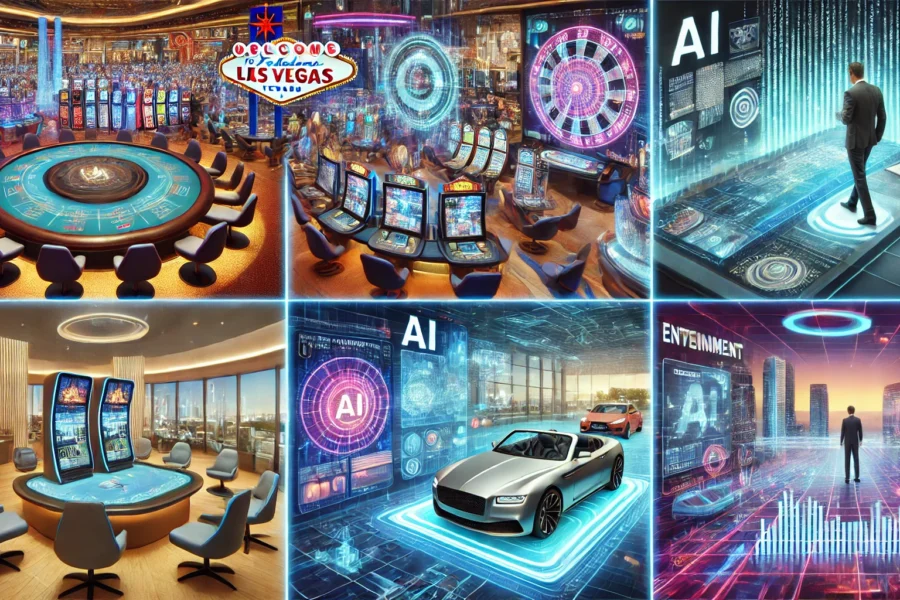 Futuristic scene showcasing advanced entertainment in a casino, hotel lounge, car dealership, and office with digital screens, holographic displays, and AI technology.