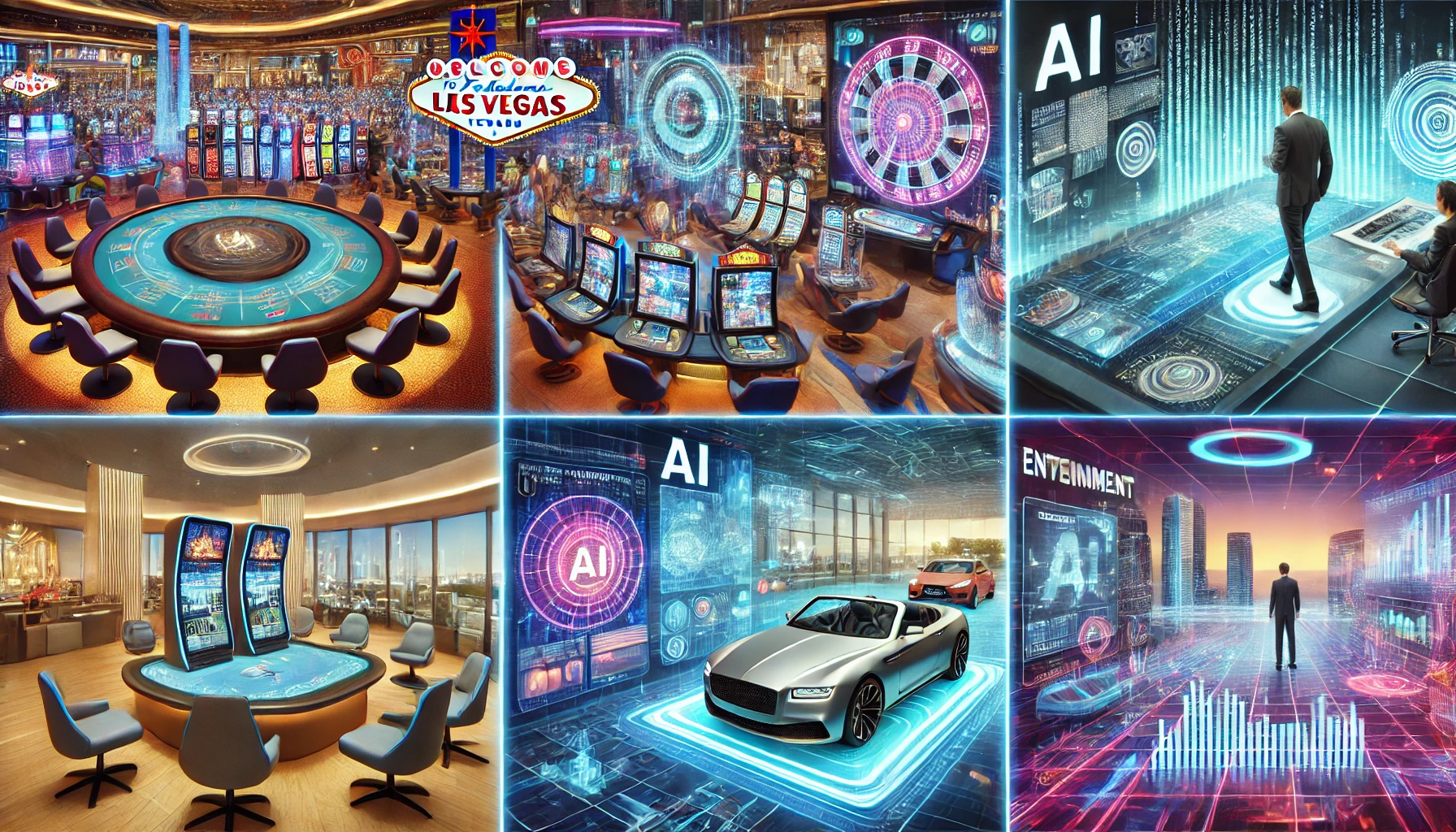 Futuristic scene showcasing advanced entertainment in a casino, hotel lounge, car dealership, and office with digital screens, holographic displays, and AI technology.