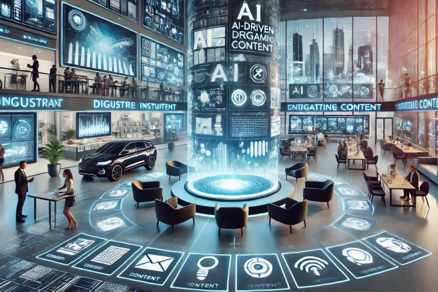 Futuristic digital environment showcasing a high-tech restaurant, car showroom, and gaming area with AI-driven displays and interactive panels.