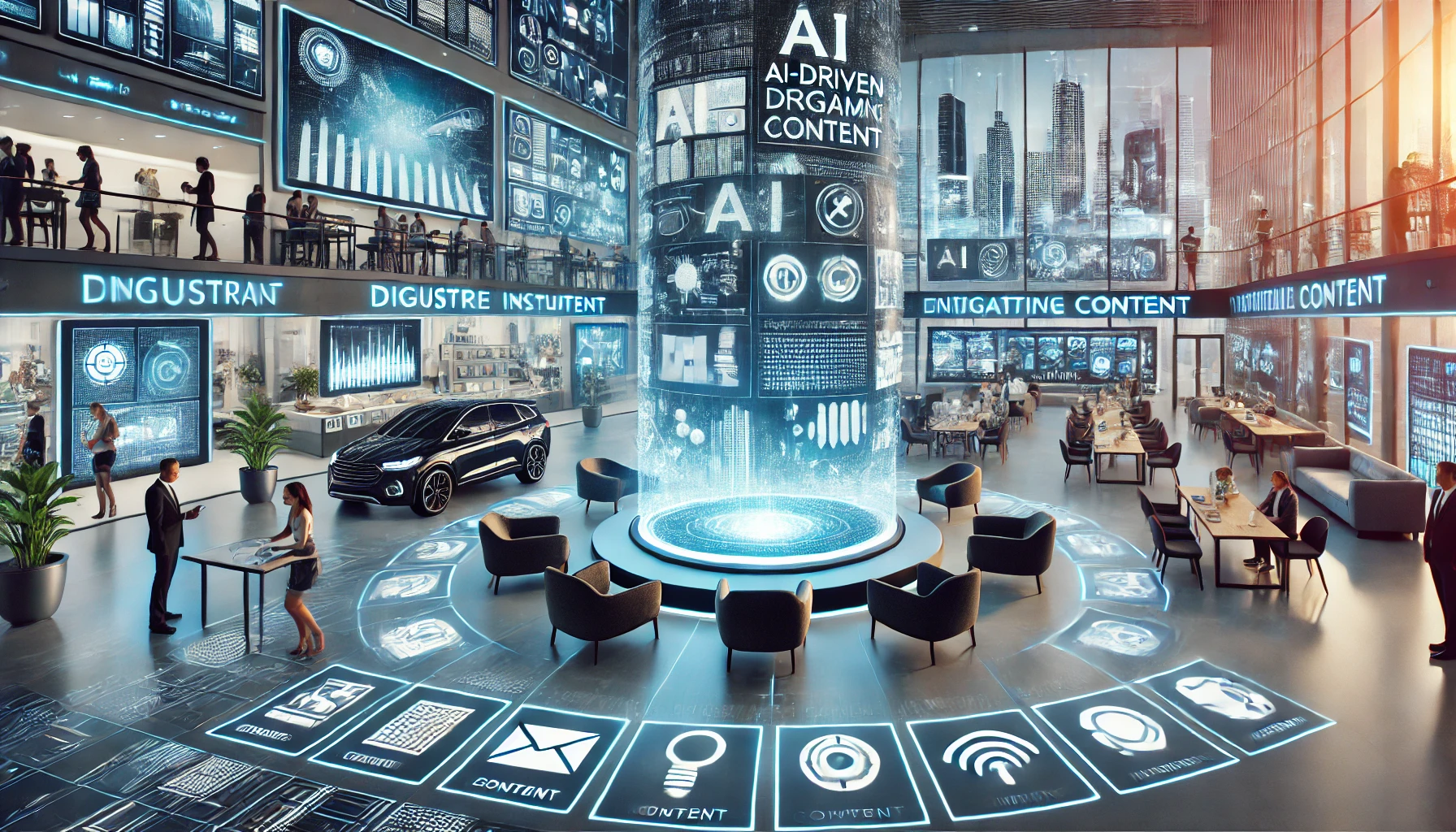 Futuristic digital environment showcasing a high-tech restaurant, car showroom, and gaming area with AI-driven displays and interactive panels.