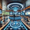 Futuristic sports bar with high-tech entertainment screens, sleek design, and vibrant atmosphere, showcasing advanced technology for an enhanced customer experience.