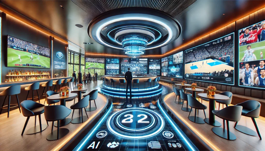 Futuristic sports bar with high-tech entertainment screens, sleek design, and vibrant atmosphere, showcasing advanced technology for an enhanced customer experience.