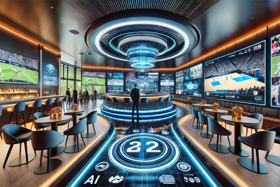 Futuristic sports bar with high-tech entertainment screens, sleek design, and vibrant atmosphere, showcasing advanced technology for an enhanced customer experience.