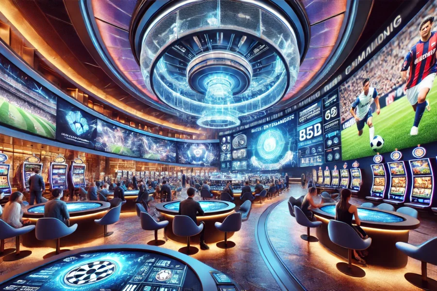 A futuristic casino with high-tech displays showing high-definition sports events, movies, and entertainment. The atmosphere is vibrant and modern, featuring advanced technology and interactive features.