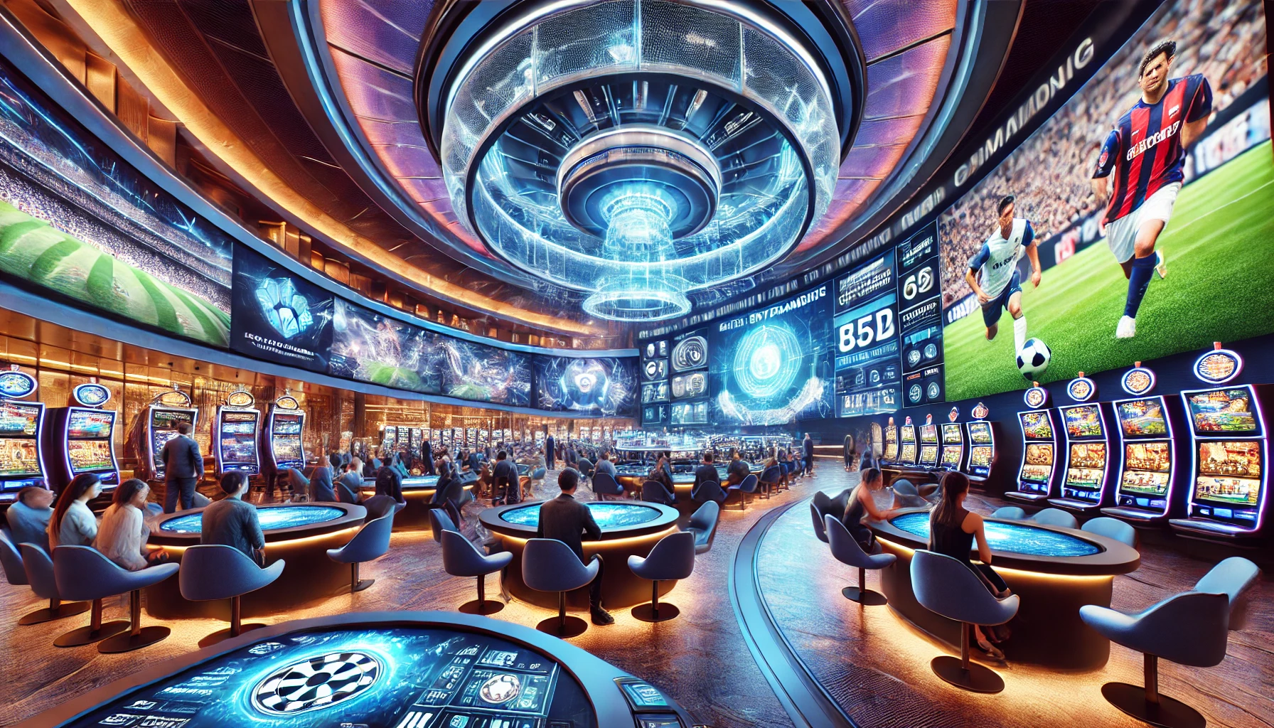 A futuristic casino with high-tech displays showing high-definition sports events, movies, and entertainment. The atmosphere is vibrant and modern, featuring advanced technology and interactive features.