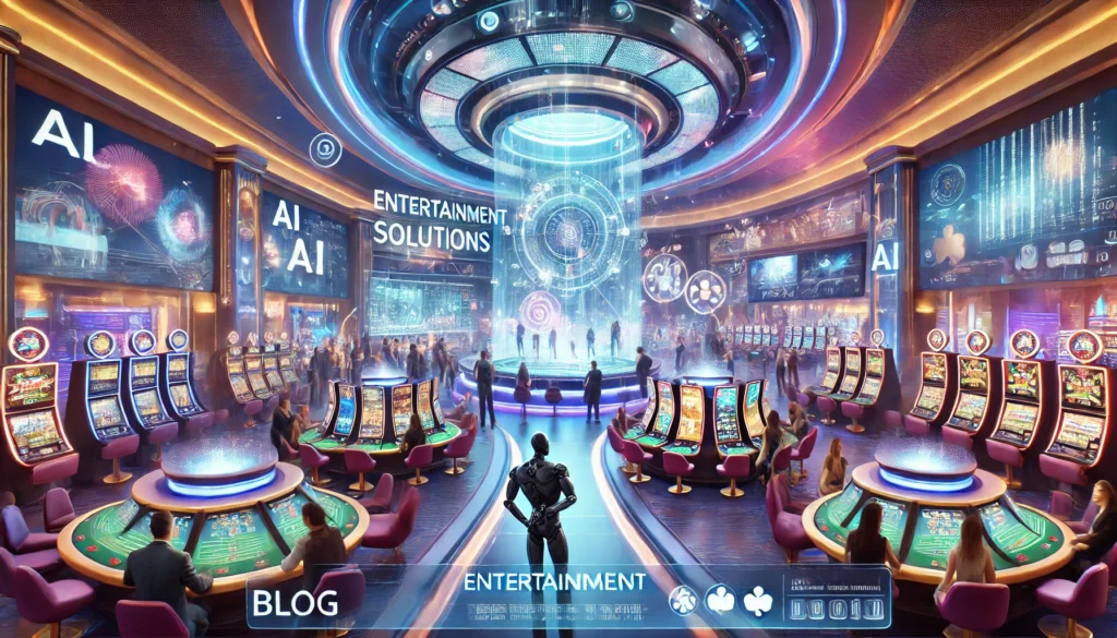 A vibrant, high-tech casino with patrons enjoying games and large screens displaying high-definition sports broadcasts and live events. Futuristic and engaging atmosphere.