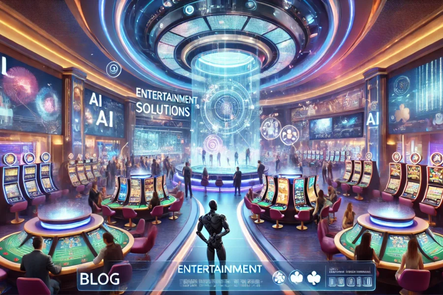 A vibrant, high-tech casino with patrons enjoying games and large screens displaying high-definition sports broadcasts and live events. Futuristic and engaging atmosphere.