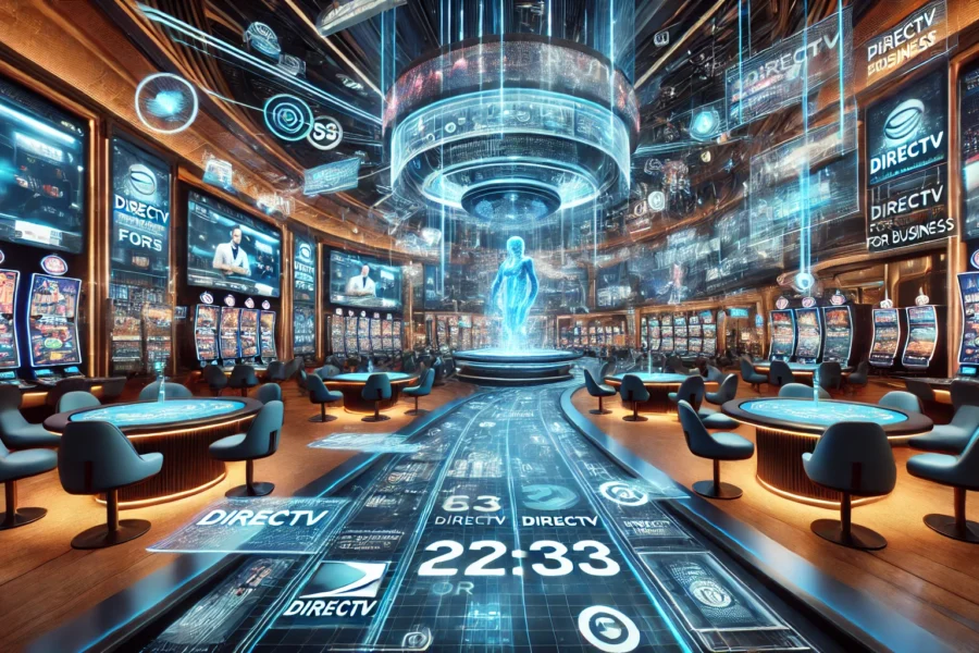 Futuristic casino with AI-enhanced entertainment, featuring high-definition DIRECTV screens displaying sports and interactive content in a vibrant, high-tech environment.