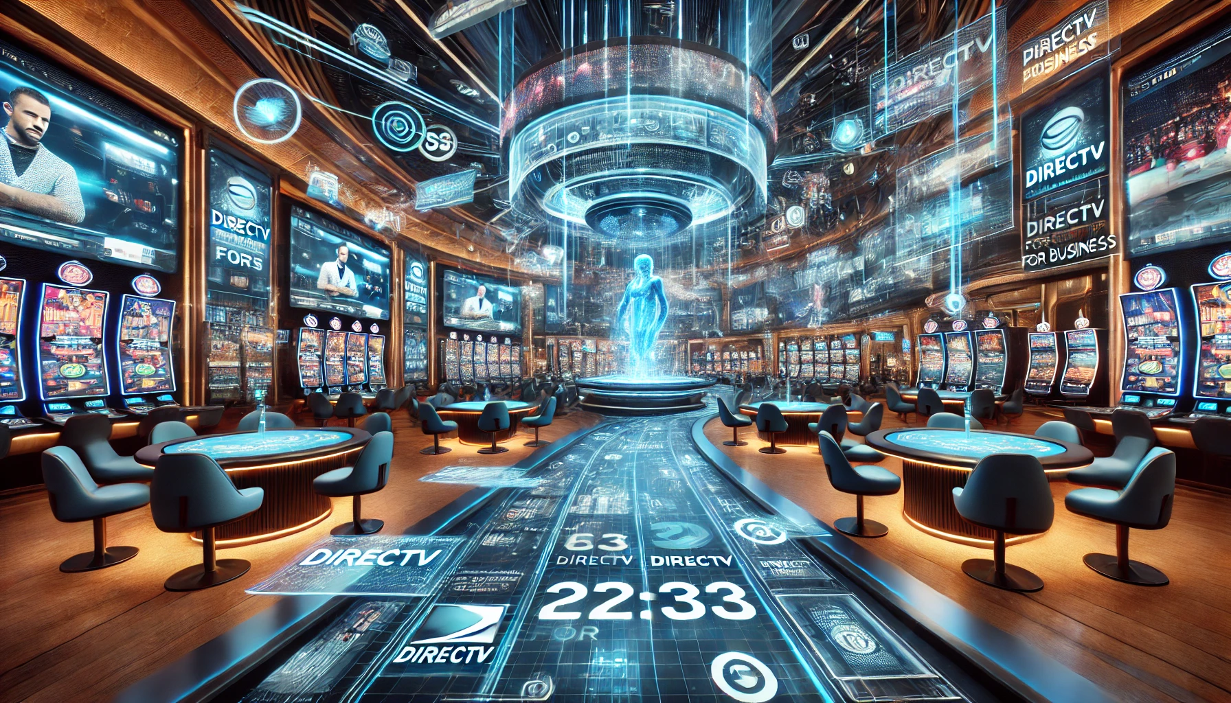 Futuristic casino with AI-enhanced entertainment, featuring high-definition DIRECTV screens displaying sports and interactive content in a vibrant, high-tech environment.