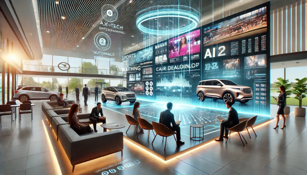 Futuristic car dealership waiting area with diverse customers enjoying high-tech screens and holographic displays, featuring sports, news, and family-friendly content.