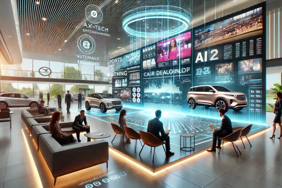 Futuristic car dealership waiting area with diverse customers enjoying high-tech screens and holographic displays, featuring sports, news, and family-friendly content.