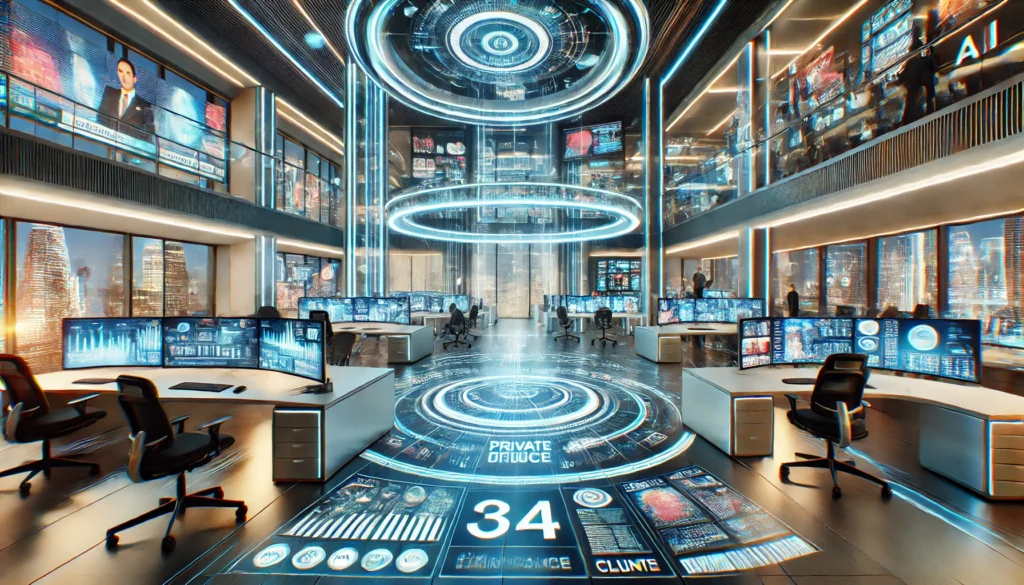 Futuristic office environment with advanced workstations, digital screens, virtual reality setups, and holographic displays, highlighting AI-driven solutions.