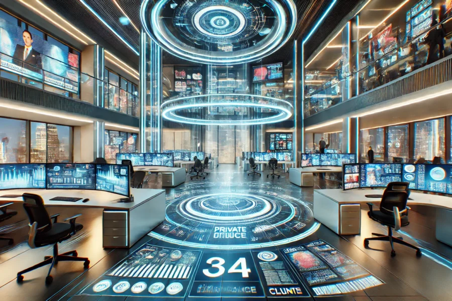 Futuristic office environment with advanced workstations, digital screens, virtual reality setups, and holographic displays, highlighting AI-driven solutions.