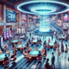 Futuristic casino scene with diverse people enjoying AI-driven entertainment technologies, including holographic gaming tables and digital screens showing sports.