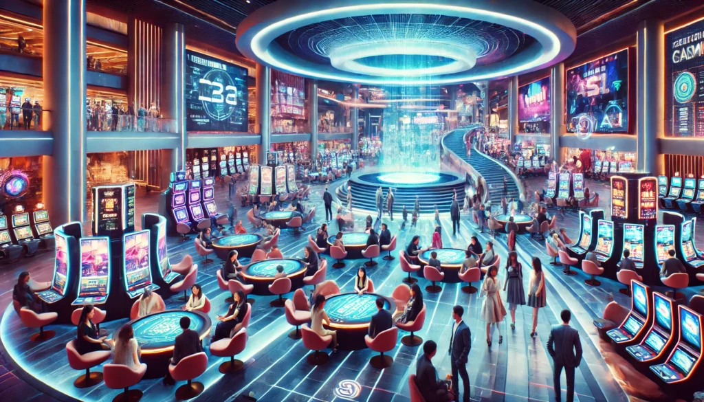 Futuristic casino scene with diverse people enjoying AI-driven entertainment technologies, including holographic gaming tables and digital screens showing sports.