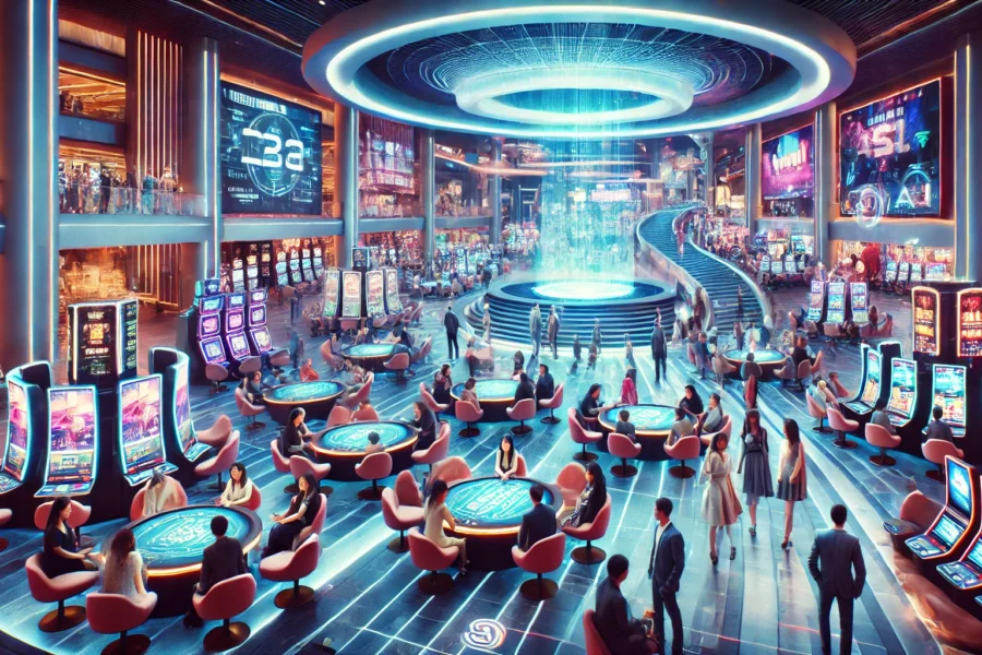 Futuristic casino scene with diverse people enjoying AI-driven entertainment technologies, including holographic gaming tables and digital screens showing sports.