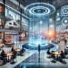 Futuristic scene showing successful business implementations with advanced technology, including digital screens and holographic displays in bustling restaurants, bars, casinos, and dealerships.