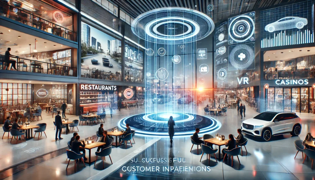 Futuristic scene showing successful business implementations with advanced technology, including digital screens and holographic displays in bustling restaurants, bars, casinos, and dealerships.