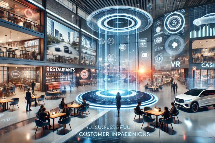 Futuristic scene showing successful business implementations with advanced technology, including digital screens and holographic displays in bustling restaurants, bars, casinos, and dealerships.