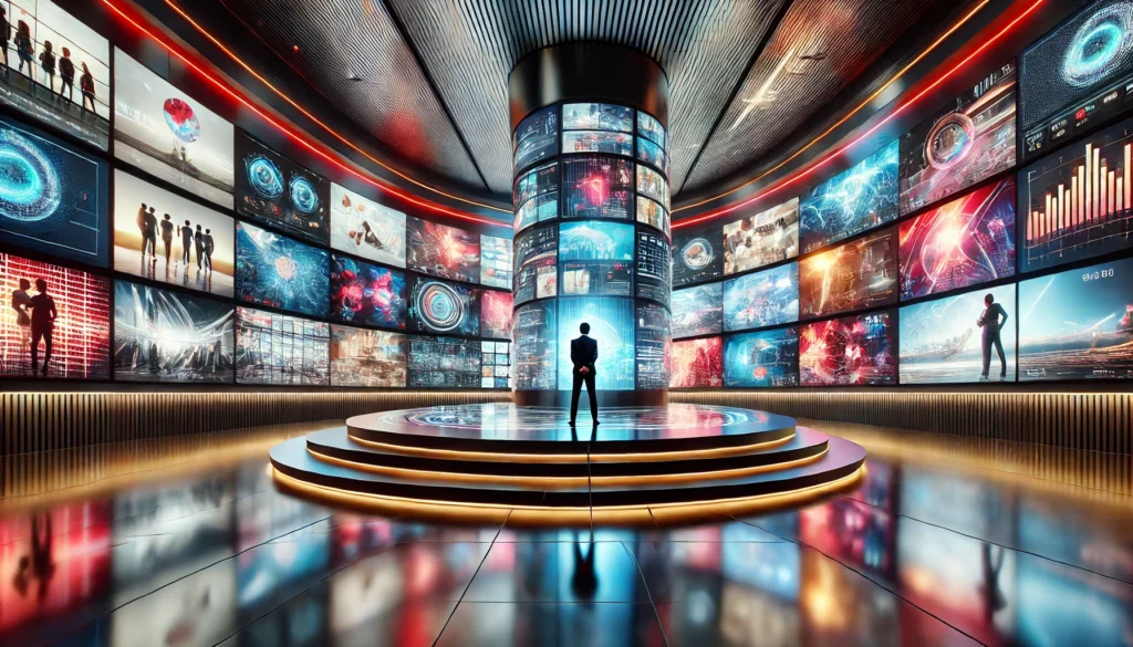 Futuristic entertainment hub in a sleek business environment, featuring high-tech displays and immersive digital content to enhance customer experience and engagement.