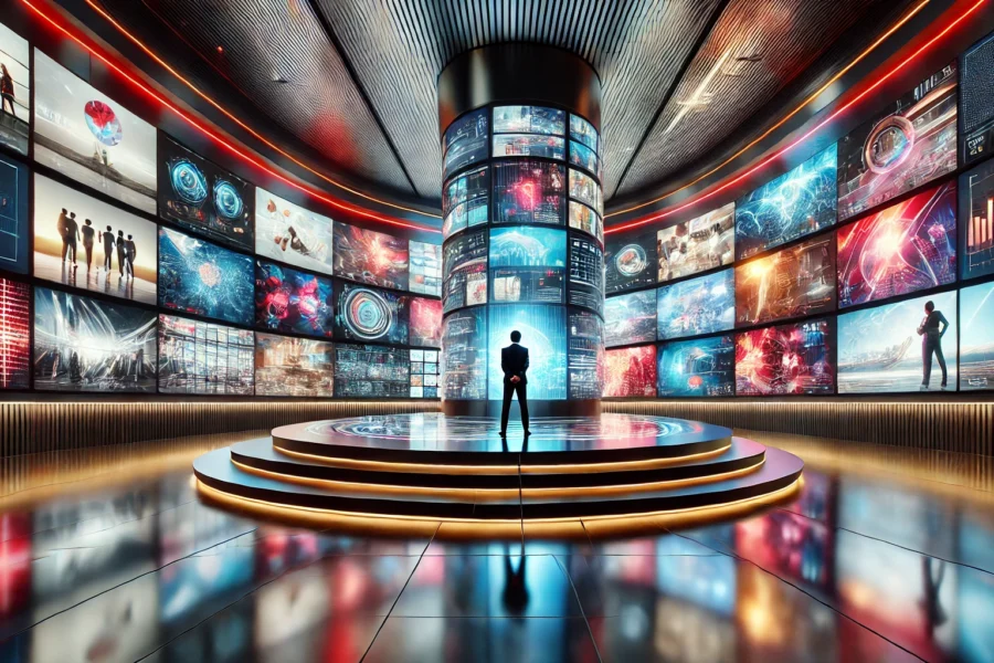 Futuristic entertainment hub in a sleek business environment, featuring high-tech displays and immersive digital content to enhance customer experience and engagement.