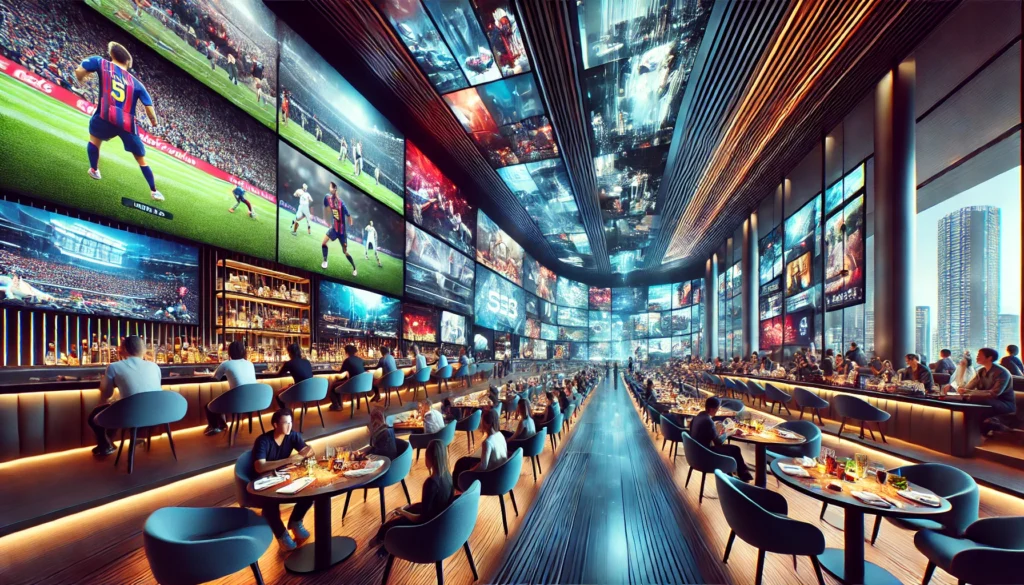 Futuristic hospitality environment with sleek entertainment displays, showcasing modern seating areas and high-tech screens providing immersive customer experiences.