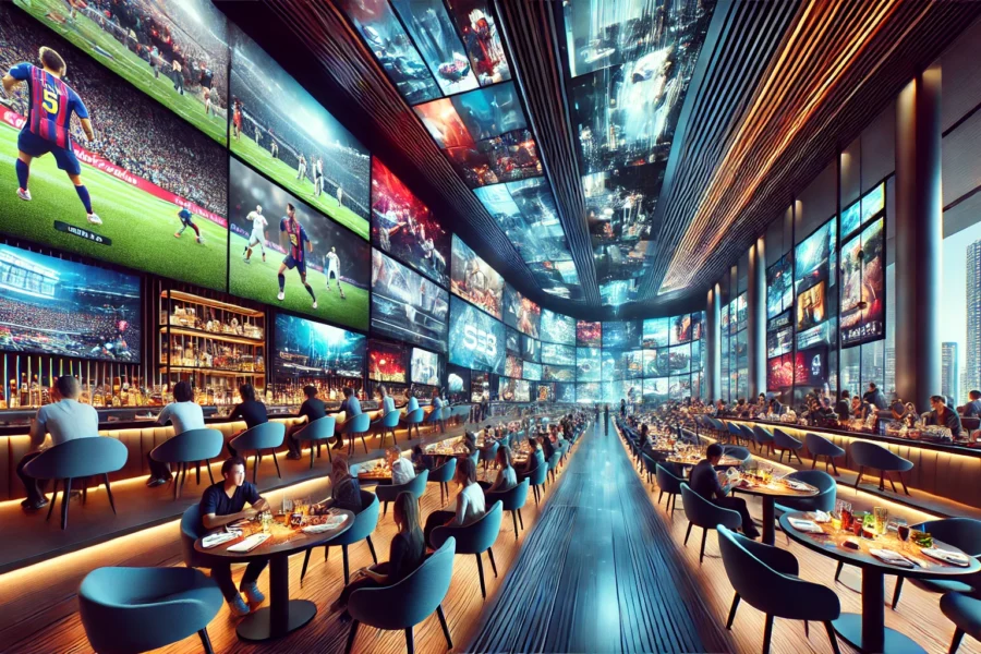 Futuristic hospitality environment with sleek entertainment displays, showcasing modern seating areas and high-tech screens providing immersive customer experiences.