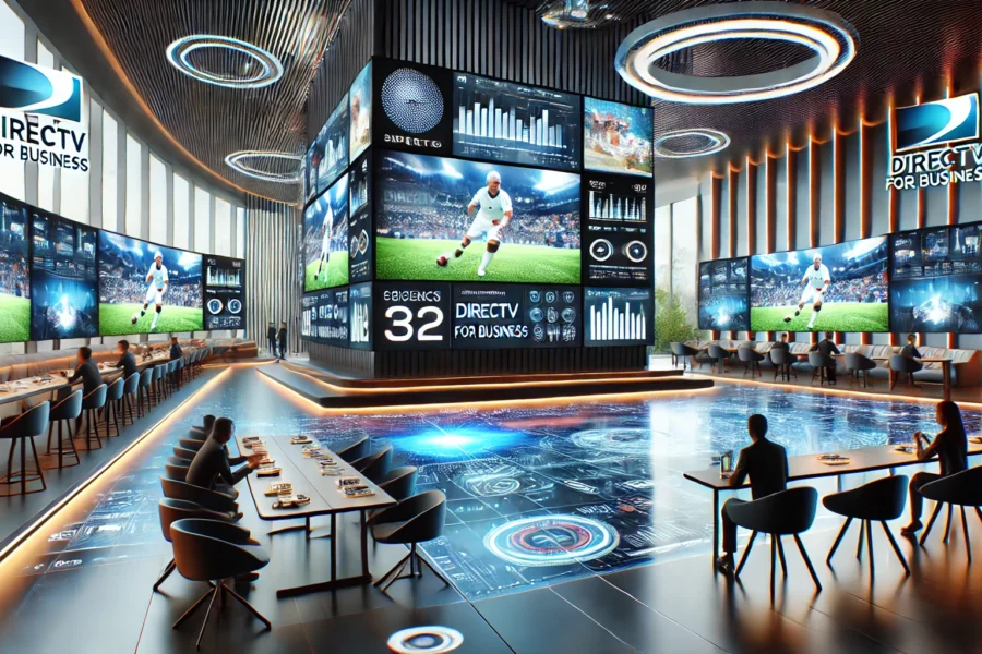 Futuristic commercial setting with sleek design, featuring large digital screens displaying immersive entertainment, enhancing customer experience in a modern environment.