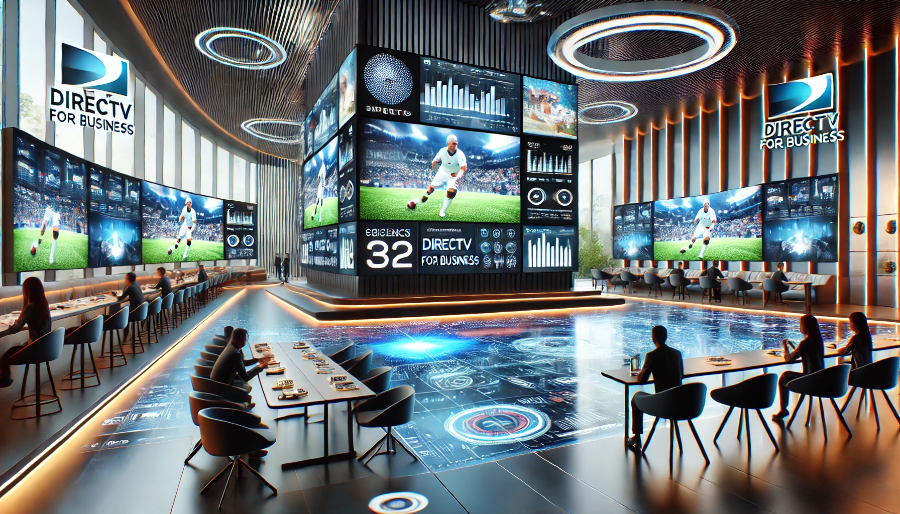 Futuristic commercial setting with sleek design, featuring large digital screens displaying immersive entertainment, enhancing customer experience in a modern environment.