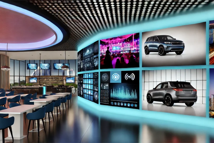 Futuristic, sleek business environment with high-tech digital displays showcasing diverse TV services for commercial establishments, enhancing customer experience and engagement.