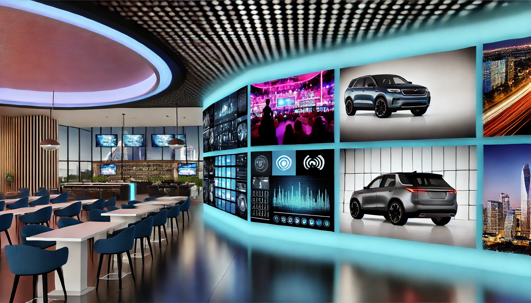 Futuristic, sleek business environment with high-tech digital displays showcasing diverse TV services for commercial establishments, enhancing customer experience and engagement.