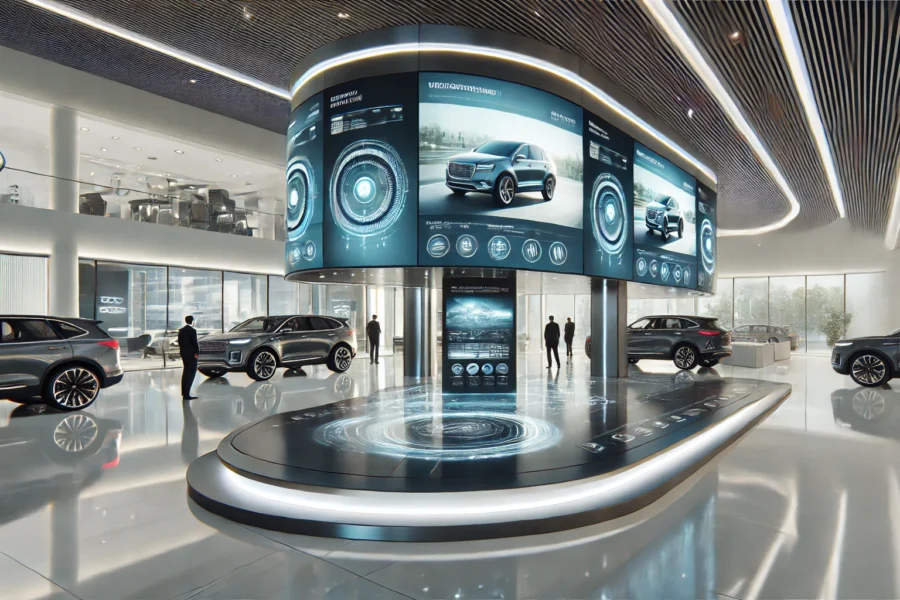 Futuristic auto dealership showroom with large digital screens displaying high-quality video content, creating an engaging and immersive customer experience.