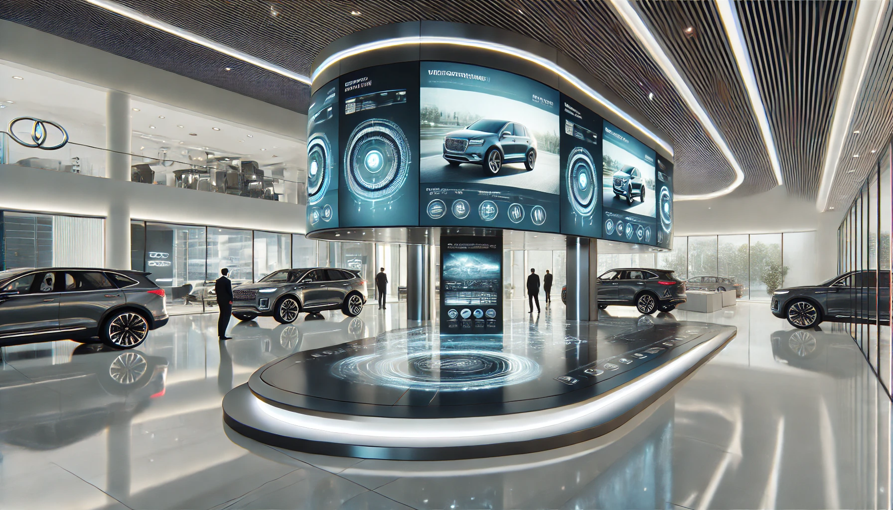 Futuristic auto dealership showroom with large digital screens displaying high-quality video content, creating an engaging and immersive customer experience.