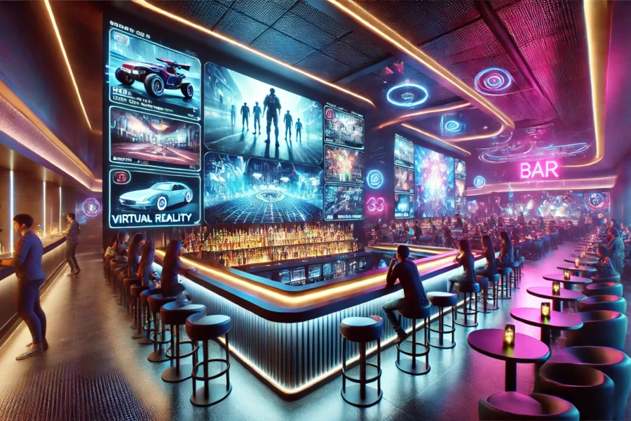 Futuristic bar and lounge with large screens displaying immersive digital entertainment, neon accents, and a modern, high-tech atmosphere to enhance the customer experience.