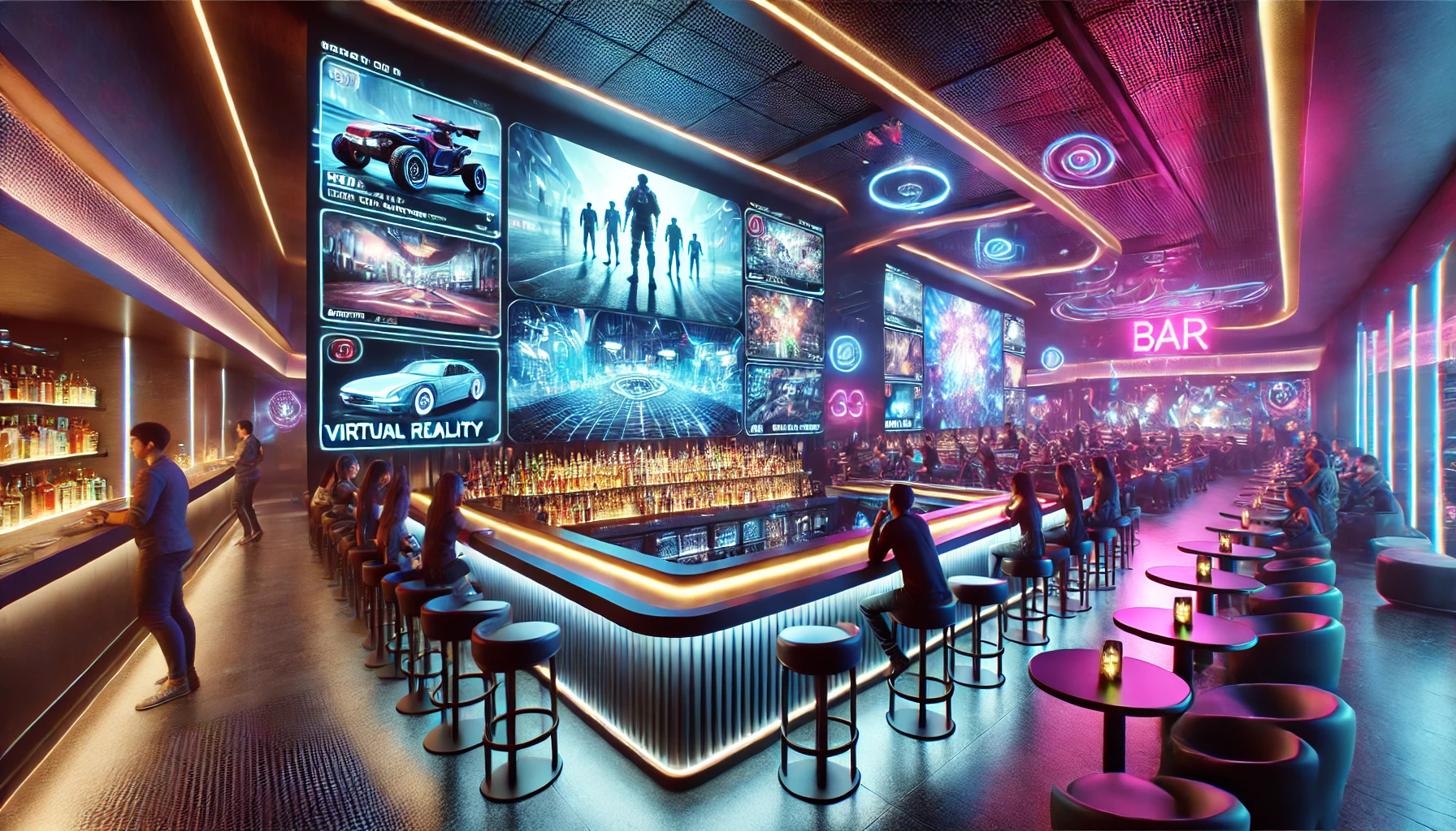 Futuristic bar and lounge with large screens displaying immersive digital entertainment, neon accents, and a modern, high-tech atmosphere to enhance the customer experience.