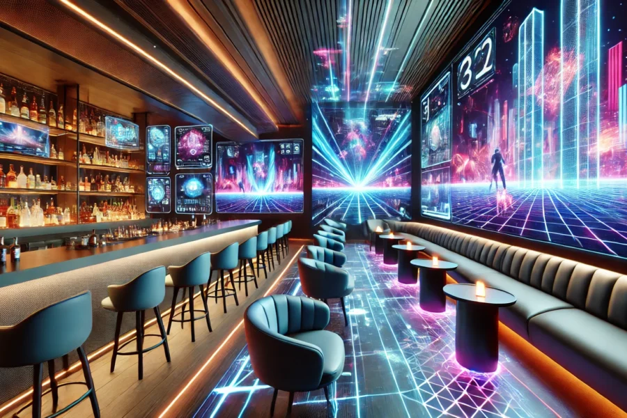 Futuristic bar and lounge with advanced technology, featuring interactive digital displays, sleek design, and an immersive, high-tech entertainment environment.