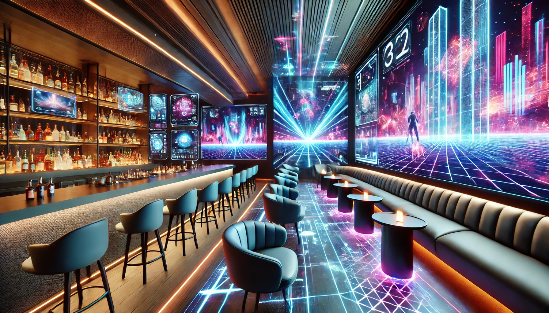 Futuristic bar and lounge with advanced technology, featuring interactive digital displays, sleek design, and an immersive, high-tech entertainment environment.