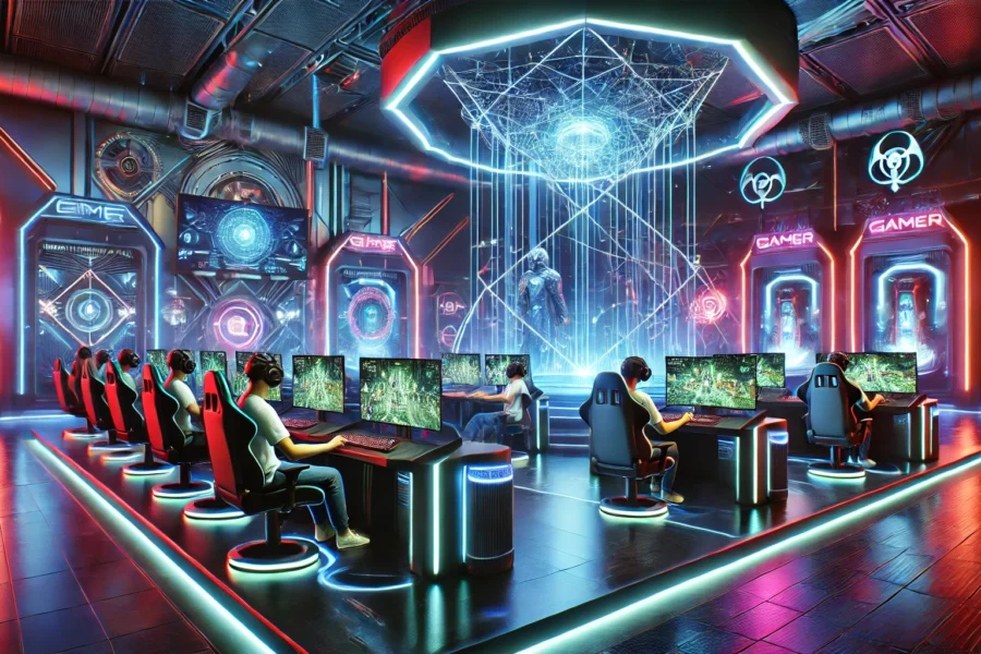 Futuristic gaming environment with advanced technology, immersive virtual reality setups, and sleek, high-tech design, creating an engaging and cutting-edge entertainment space.