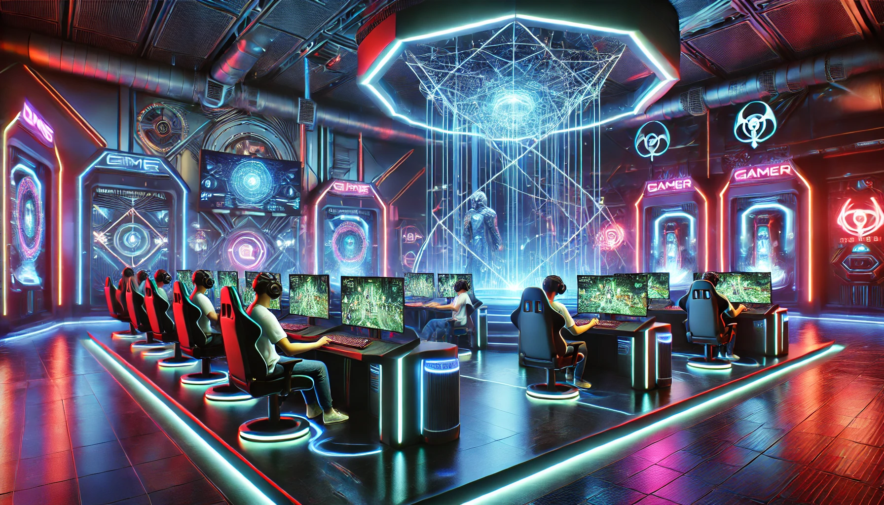 Futuristic gaming environment with advanced technology, immersive virtual reality setups, and sleek, high-tech design, creating an engaging and cutting-edge entertainment space.