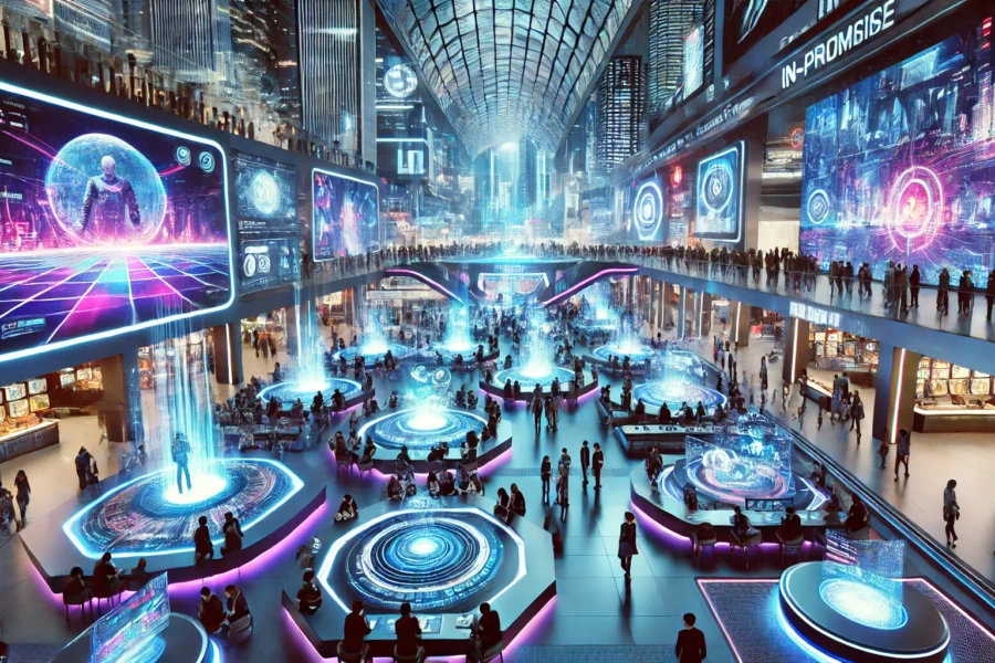 A futuristic entertainment venue featuring virtual and augmented reality elements, interactive screens, and immersive digital experiences in a vibrant, bustling environment.