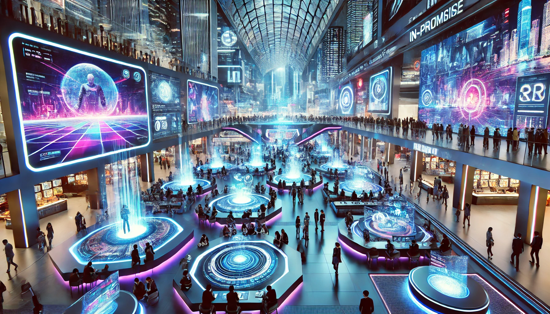 A futuristic entertainment venue featuring virtual and augmented reality elements, interactive screens, and immersive digital experiences in a vibrant, bustling environment.